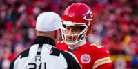 Kansas City Chiefs quarterback Patrick Mahomes talks with a referee 