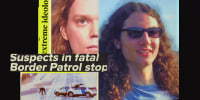 Illustration of the mugshot of Jack LaSota; photo of Felix "Ophelia" Bauckholt; the scene where Border Patrol agent was killed in Vermont: newspaper headline clippings reading "Suspects in fatal Border Patrol stop" and "Extreme ideology"