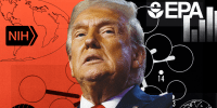 Photo illustration of Donald Trump surrounded by maps, charts, data and logos for EPA, NIH and CDC