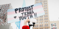 Protesters at the "Rise up for Trans Youth" demonstration at Union Square in New York on Feb. 8, 2025.