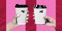 Photo Illustration: Two hands holding coffee cups that both say "Me"