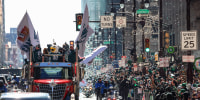 Image: The Philadelphia Eagles and fans celebrate during their Super Bowl Championship parade