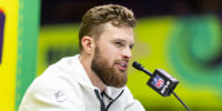 Harrison Butker #7 of the Kansas City Chiefs does an interview during Super Bowl LIX Opening Night on February 02, 2025 in New Orleans, Louisiana.  