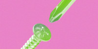 Up-close photo of a screwdriver head about to fit into a nail head, filled with a green gradient overlay and against a pink background.