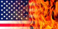 USA flag on the background of flame