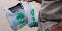 A person walks outside in a parking lot holding two plastic Dollar Tree brand bags filled with items