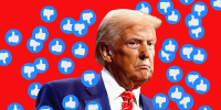 Photo illustration of Donald Trump surrounded by a number of thumbs down and thumbs up stickers 