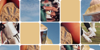 5x5 grid of obscured images of the sky, football players, a beekeeper, and light yellow squares 