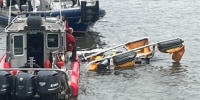 A helicopter in the Hudson River in New York on April 10, 2025.