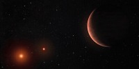 An exoplanet orbits two brown dwarfs in an artist's illustration. 