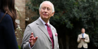 Britain's King Charles III in the gardens of Villa Wolkonsky, the official residence of the British ambassador to Italy, in Rome, on April 10, 2025.  