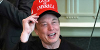 Elon Musk gulf of america red hat smile happy