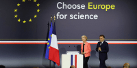 French President Emmanuel Macron and European Commission President Ursula Von der Leyen arrive at the "Choose Europe for Science" conference 