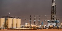 An oil drilling rig station outside