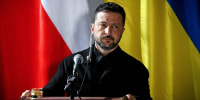 Ukrainian President Volodymyr Zelensky addresses a press conference