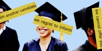 Photo Illustration: African American graduates with pieces of paper over their faces that read "...with another candidate...," "...we regret to inform...," and "...we cannot offer you..."