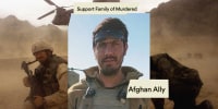 A photo illustration of US Special Forces near a helicopter in Afghanistan in 2004; a photo of Abdul Rahman Waziri working in Afghanistan. Text reading "Support Family of Murdered Afghan Ally" is overlayed on the photos.