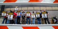 New Jersey Transit engineers strike near Newark-Penn Station in Newark on May 16, 2025. 