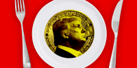Photo Illustration: A "Trump Coin" on a dinner plate against a red background