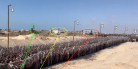 NBC News verified footage from an aid distribution site in Rafah by comparing landmarks in the background of the video, highlighted in the circles above, to recent satellite imagery and drone video released by the IDF.