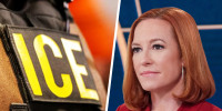 Side by side of an Ice agent and Jen Psaki.