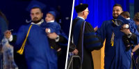 university of buffalo graduate chased by police runs across stage holding baby