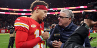 FRANKFURT AM MAIN, GERMANY - NOVEMBER 05: Patrick Mahomes #15 of the Kansas City Chiefs speaks to Peter King of NBC Sports after the team's 21-14 victory over the Miami Dolphins during the NFL match between Miami Dolphins and Kansas City Chiefs at Deutsche Bank Park on November 05, 2023 in Frankfurt am Main, Germany. (Photo by Alex Grimm/Getty Images)