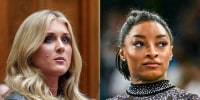 A split composite of Riley Gaines and Simone Biles.