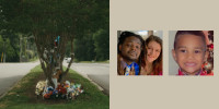 A tree with flowers and mementos on the road where Legend Jenkins was hit and killed by a car; Samuele Jenkins and Ivey Legend in a photo; Legend Jenkins at Christmas.