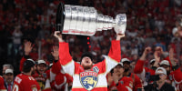 Nate Schmidt of the Florida Panthers celebrates with the Stanley Cup after defeating the Edmonton Oilers in Game Six on June 17, 2025 in Sunrise, Fla. 