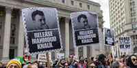 A crowd gathers outside the Manhattan federal court in support of Mahmoud Khalil, Wednesday, March 12, 2025, in New York. 