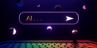 Digital generated image of AI search frame with multiple geometrical shapes flying around. Technology and AI concept.