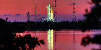 Artemis I sits at Launch Pad 39-B at Kennedy Space Center, Fla., at sunrise on Aug. 31, 2022.