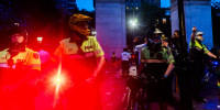 NYPD officers shut down Washington Square Park following the NYC Pride March on June 29, 2025.