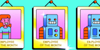 "Employee of the Month" frames holding photos of robots.