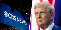 Composite image of A. CBS News signage in the spin room ahead of the first vice presidential debate at the CBS Broadcast Center in New York, US, on Tuesday, Oct. 1, 2024. And B. President-elect Donald Trump looks on during Turning Point USA's AmericaFest at the Phoenix Convention Center on December 22, 2024 in Phoenix, Arizona.