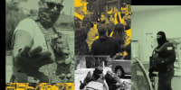 A collage of videos and scenes of ICE officers detaining and searching for people.