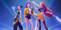 Zoey, Rumi, and Mira wield weapons next to one another