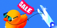 Rubber duck with a "SALE" tag being cut off of it.