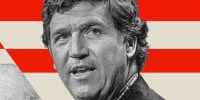 Tucker Carlson and Trump against competing red and white striped backgrounds.