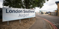 A sign stands at the entrance to London Southend Airport