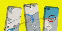 Three iPhone shapes cut out of paper, with maps showing North Carolina, Florida, and China, respectively. Each highlighted area on the map is connected by tacks and red string.