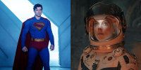 A side by side of David Corenswet as Superman and Vanessa Kirby as Sue Storm in "The Fantastic Four"