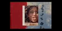 Photo illustration of a young girl behind a fence in the southern Gaza Strip; against background imagery of a blue sky with parachutes of supplies alongside a dark red brush stroke 