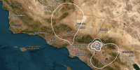 A satellite map showing areas where an earthquake was felt in southern California