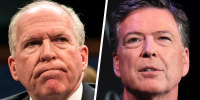 Composite image. Left: Former Director of the U.S. Central Intelligence Agency (CIA) John Brennan testifies before the House Permanent Select Committee on Intelligence on Capitol Hill, May 23, 2017 in Washington, DC. RIGHT: James Comey speaks onstage during Former FBI Director James Comey In Conversation With MSNBC's Nicolle Wallace at 92NY on May 30, 2023 in New York City.