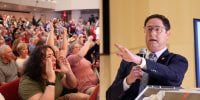 U.S. Representative Mike Flood (R-NE), answers questions from constituents during a town hall in Lincoln, Nebraska