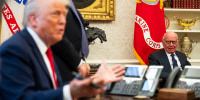 Media mogul Rupert Murdoch looks on as President Donald Trump speaks