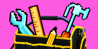 Toolbox filled with pixel-art tools.