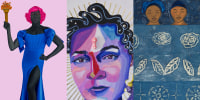 Side by side of “Trans Forming Liberty,” by Amy Sherald; Marinna Shareef with Andil Gosine's "God of Whimsy" and "Stitched to You," by Sola Olulode.